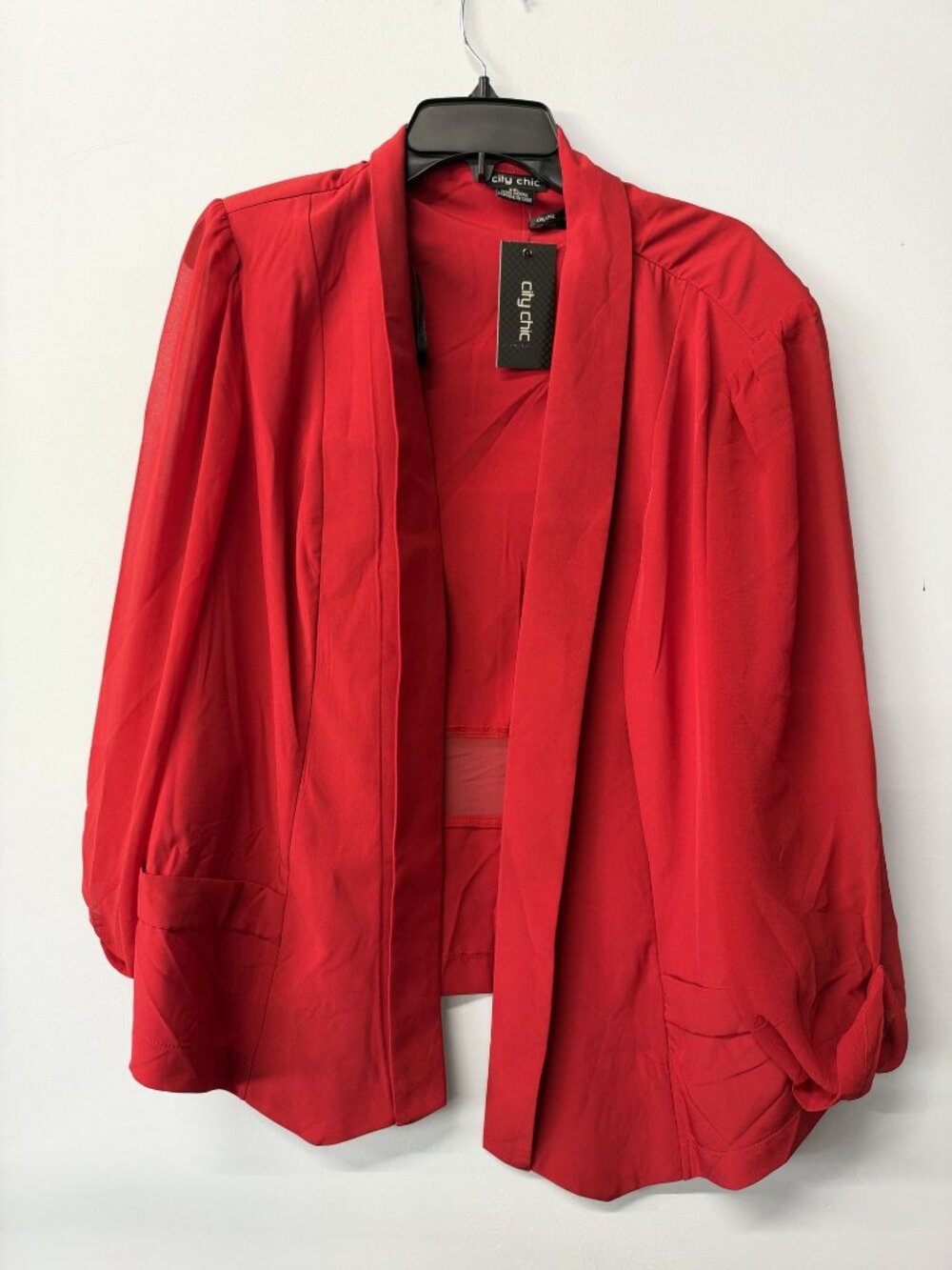 City Chic Womens XXL Red Open-Front Blazer With Sheer Panels & Ruched Sleeves